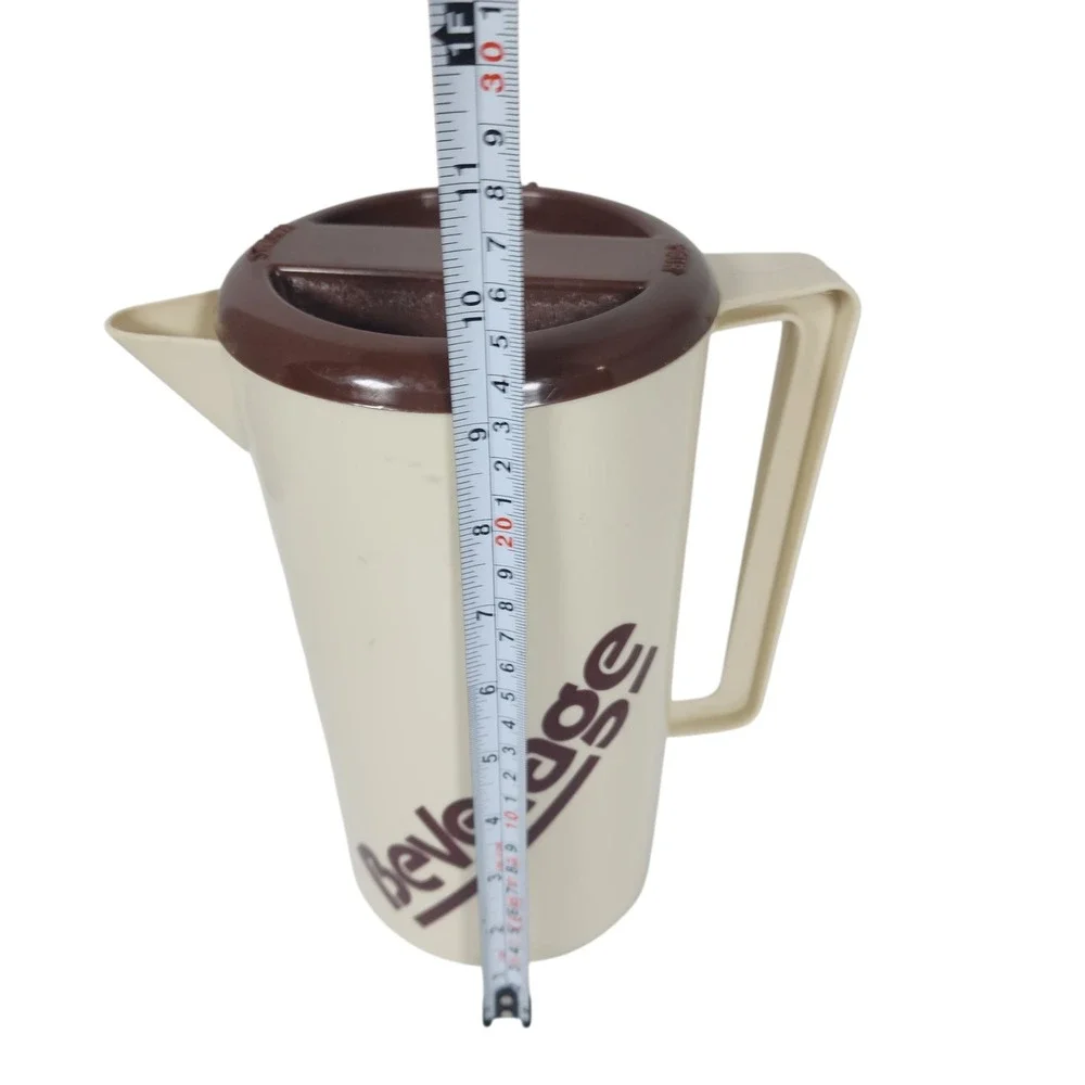 Vintage Beige Beverage Pitcher‎ with Brown Lid and Script Accent